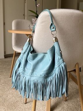 b. makowsky blue fringe hobo bag